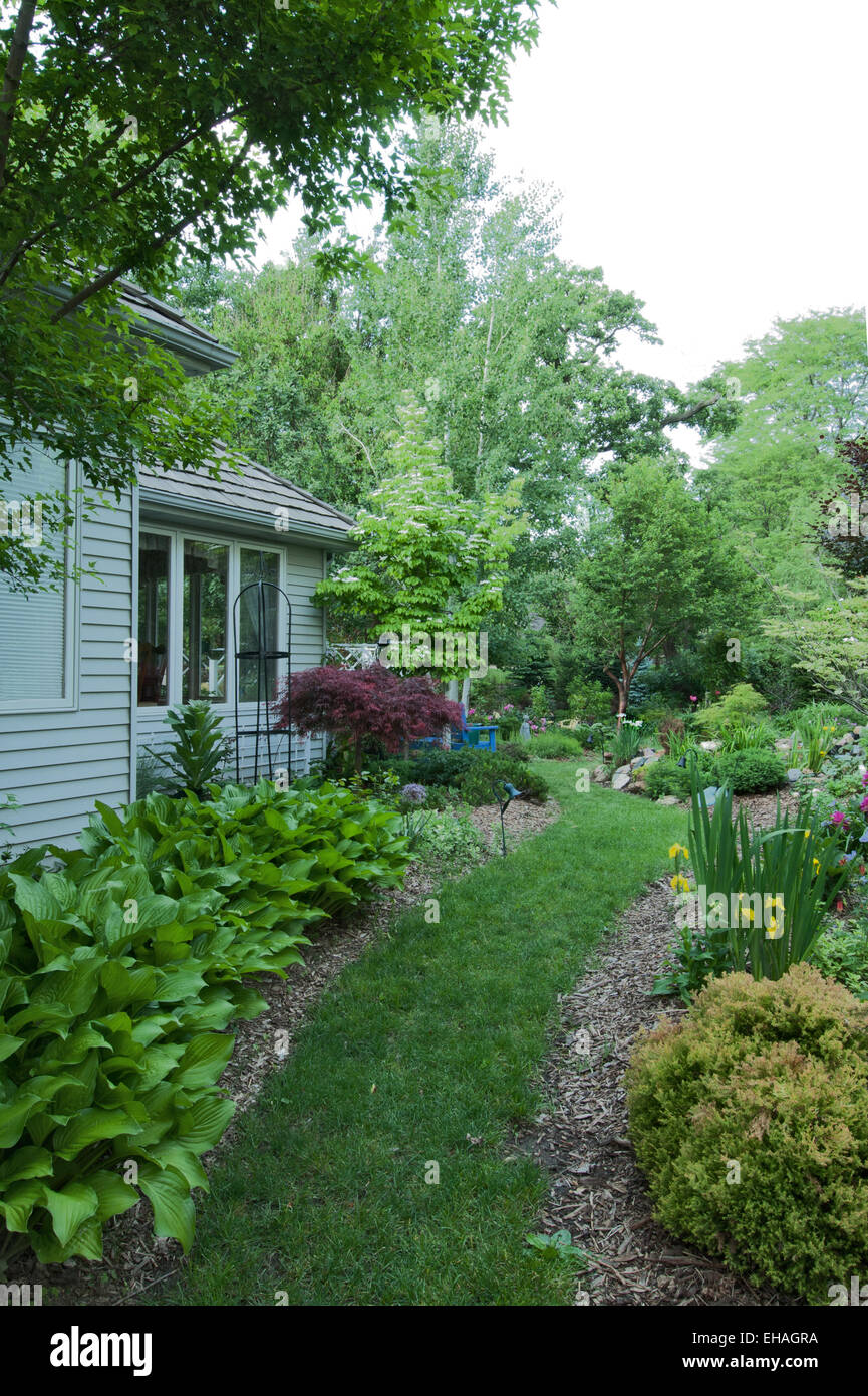 Side garden with edge of Hosta Stock Photo