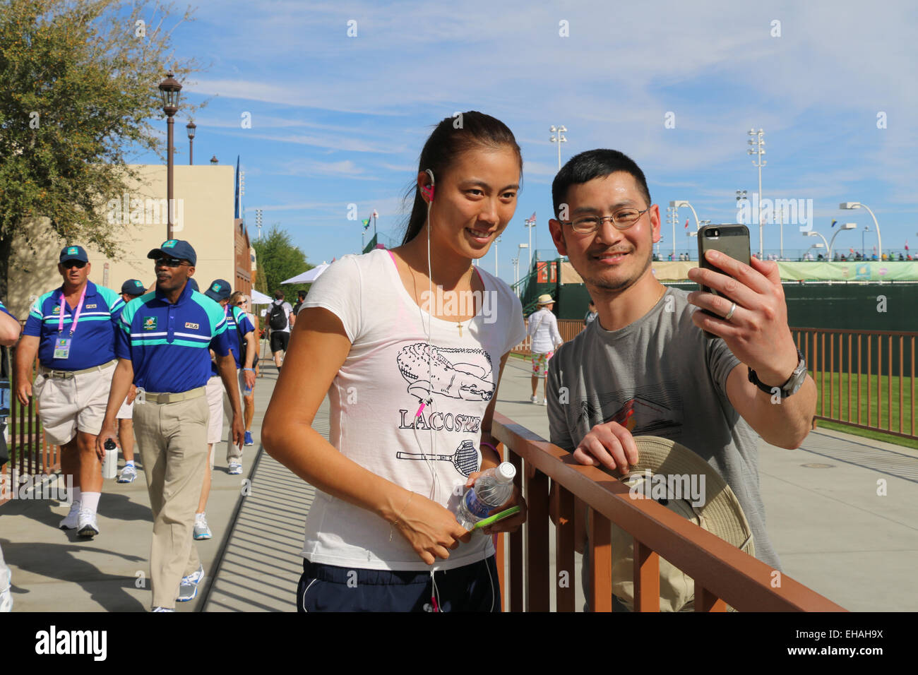Indian Wells, California 10th March, 2015 Tennis player Chan Hao-Ching (Taiwan) takes a selfie with Dave Wang from Portland, Oregon at the BNP Paribas Open. Credit: Lisa Werner/Alamy Live News Stock Photo