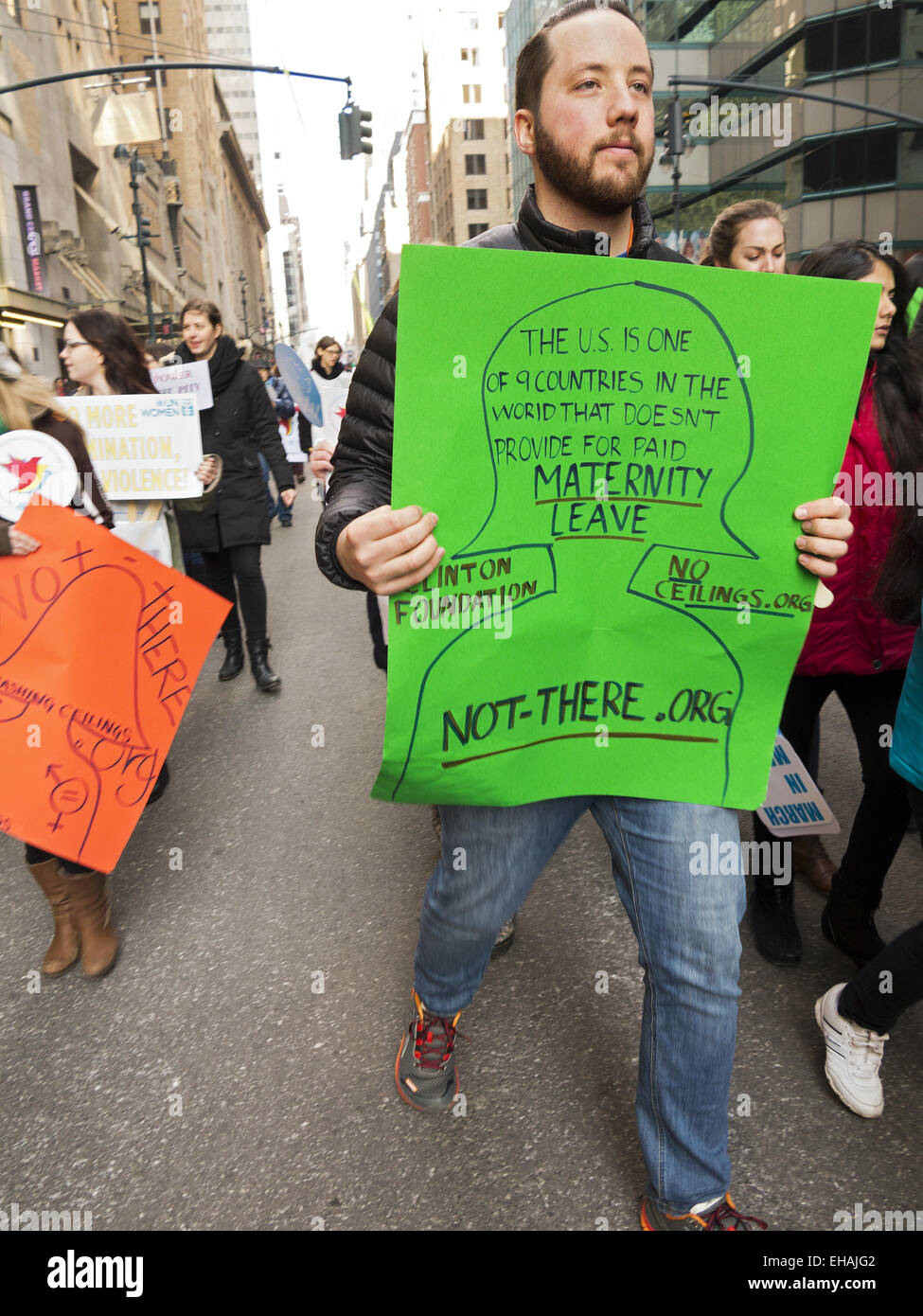 International Women's Day March for Gender Equality  and Women's Rights, NYC, March 8, 2015. Stock Photo