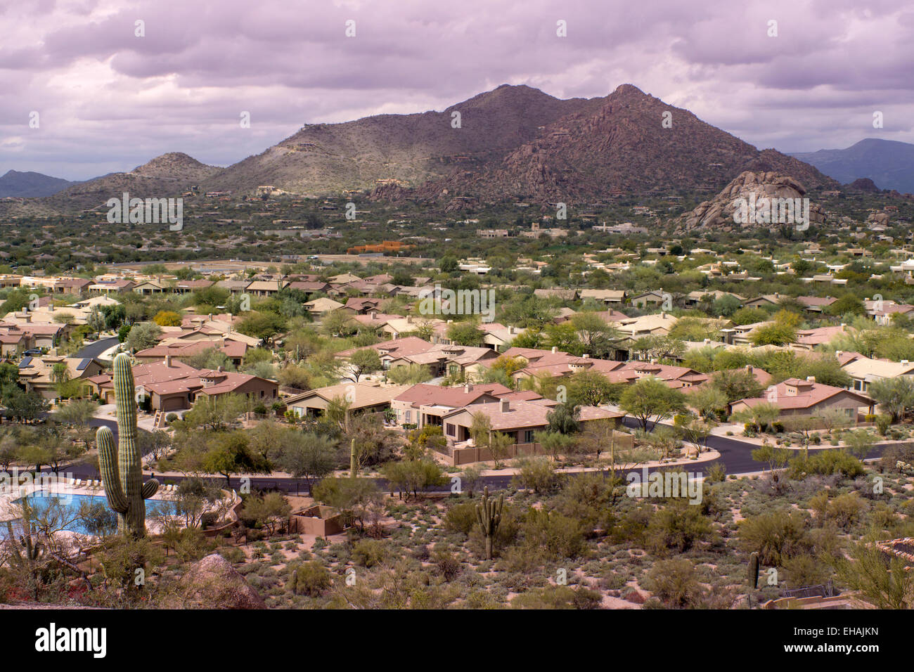 Aerial view of Arizona community homes in scottsdale, desert andscape