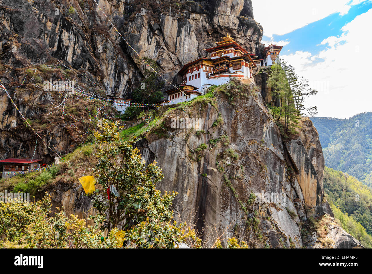 Paro Taktsang Monastery is the most famous of Bhutan Monasteries located in the cliffside of Paro valley in Bhutan Stock Photo