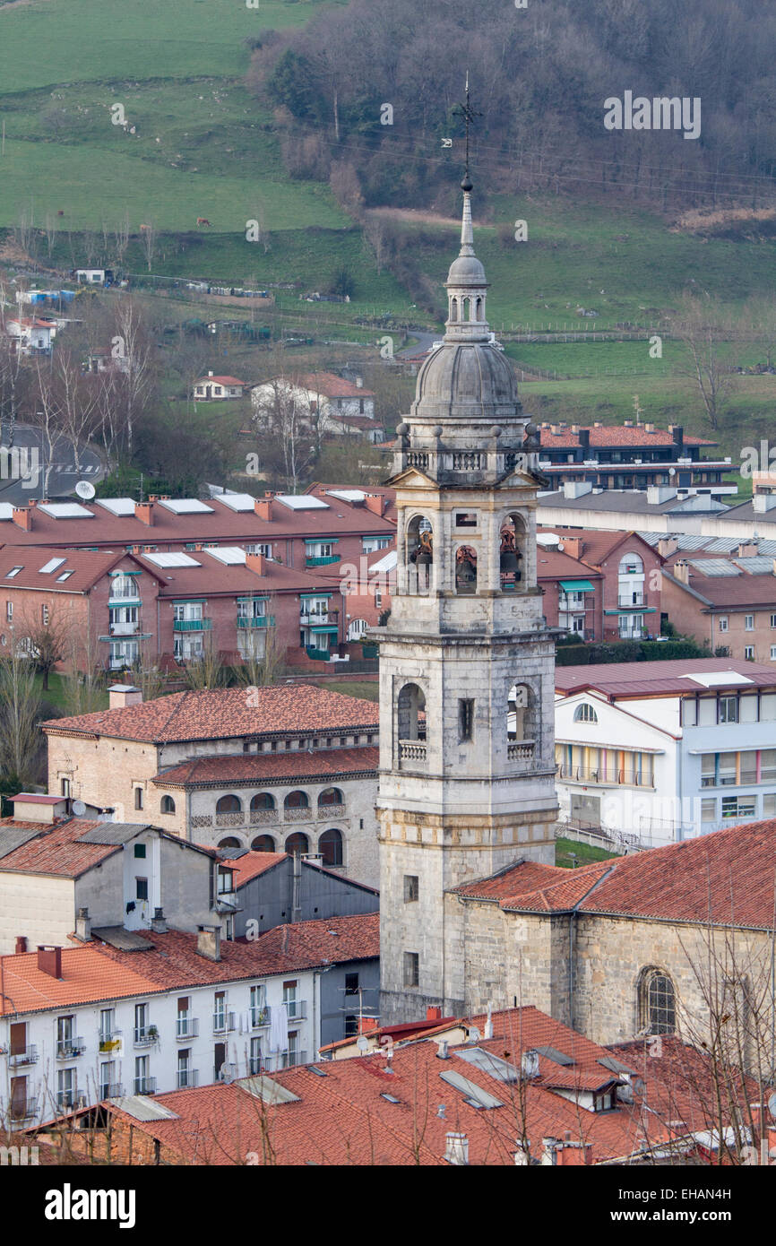 Aerial view of Santa Maria La Real church in Azkoitia village, Urola valley, Gipuzkoa, Basque Country. Stock Photo