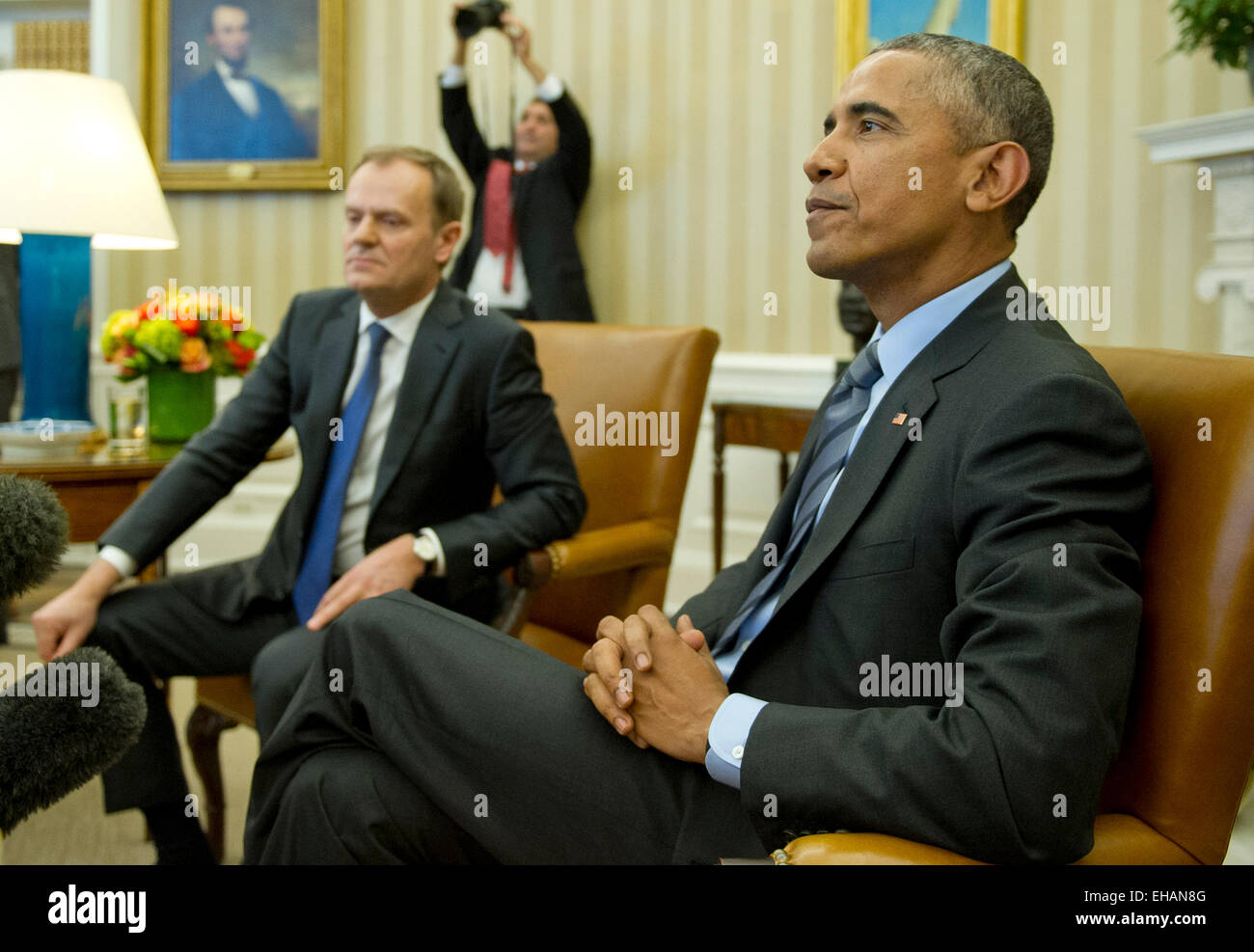 United States President Barack Obama hosts European Council President Donald Tusk in the Oval Office of the White House in Washington, DC on Monday, March 9, 2015. Credit: Ron Sachs/Pool via CNP - NO WIRE SERVICE - Stock Photo