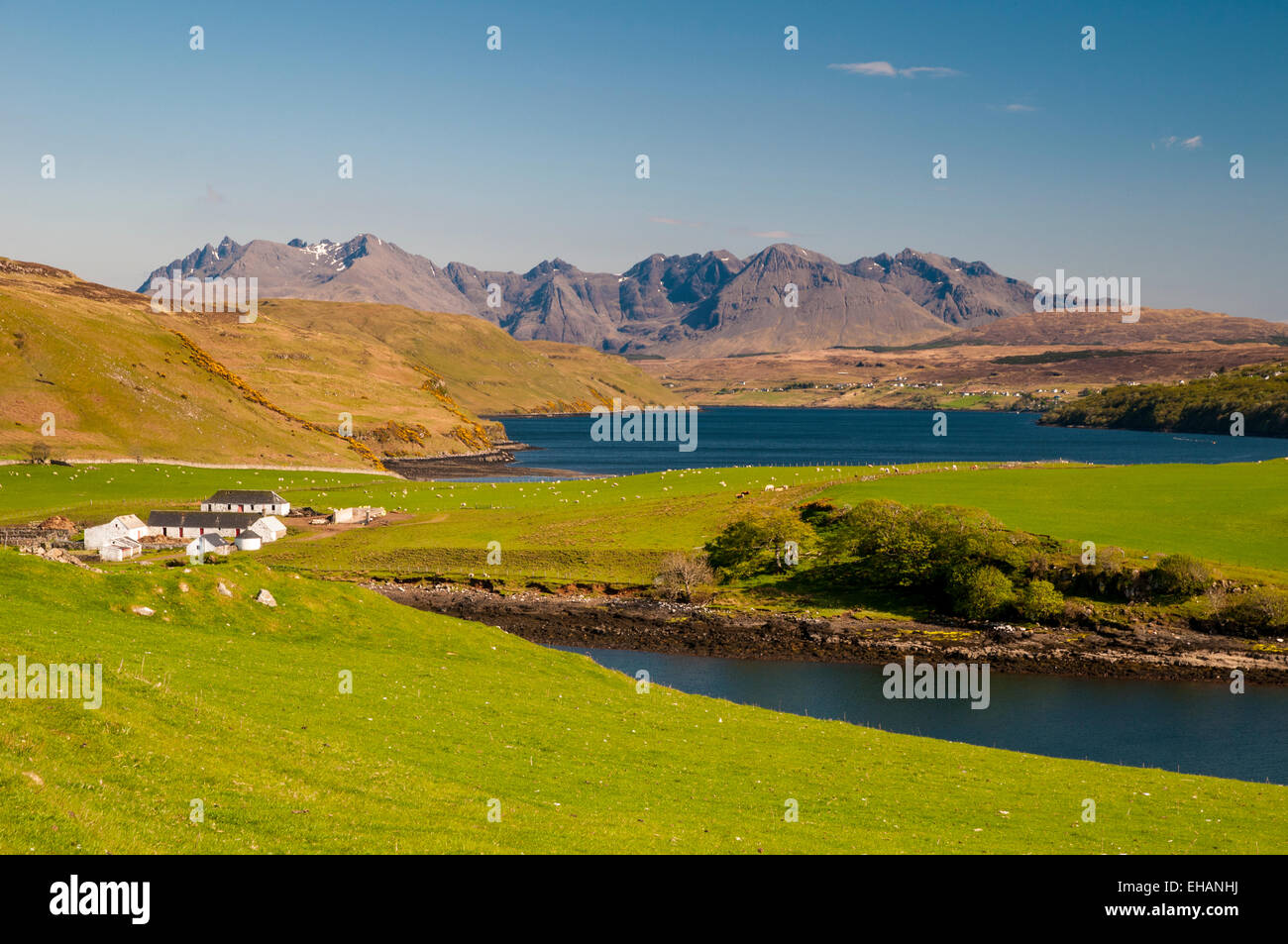 A view of Gesto Bay and Loch Harport  on the Minginish Peninsula, Isle of Skye, Inverness-shire. May. Stock Photo