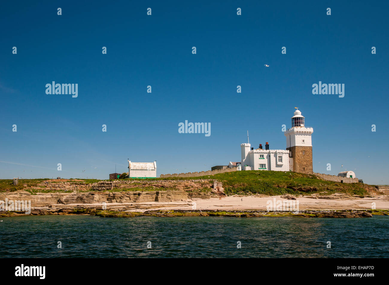 The lighthouse and beach on Coquet Island bird reserve seen from just offshore, Amble Northumberland. June. Stock Photo