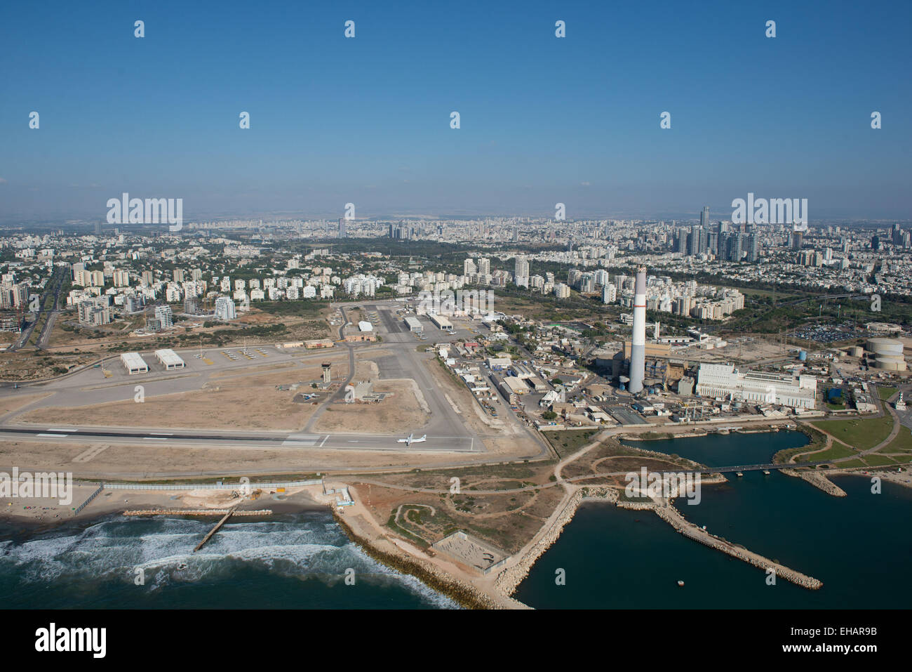 Aerial Photography of Tel Aviv, Israel The flue of the Reading power plant can be seen Stock Photo