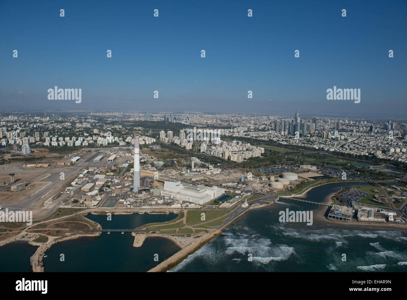 Aerial Photography of Tel Aviv, Israel The flue of the Reading power plant can be seen Stock Photo