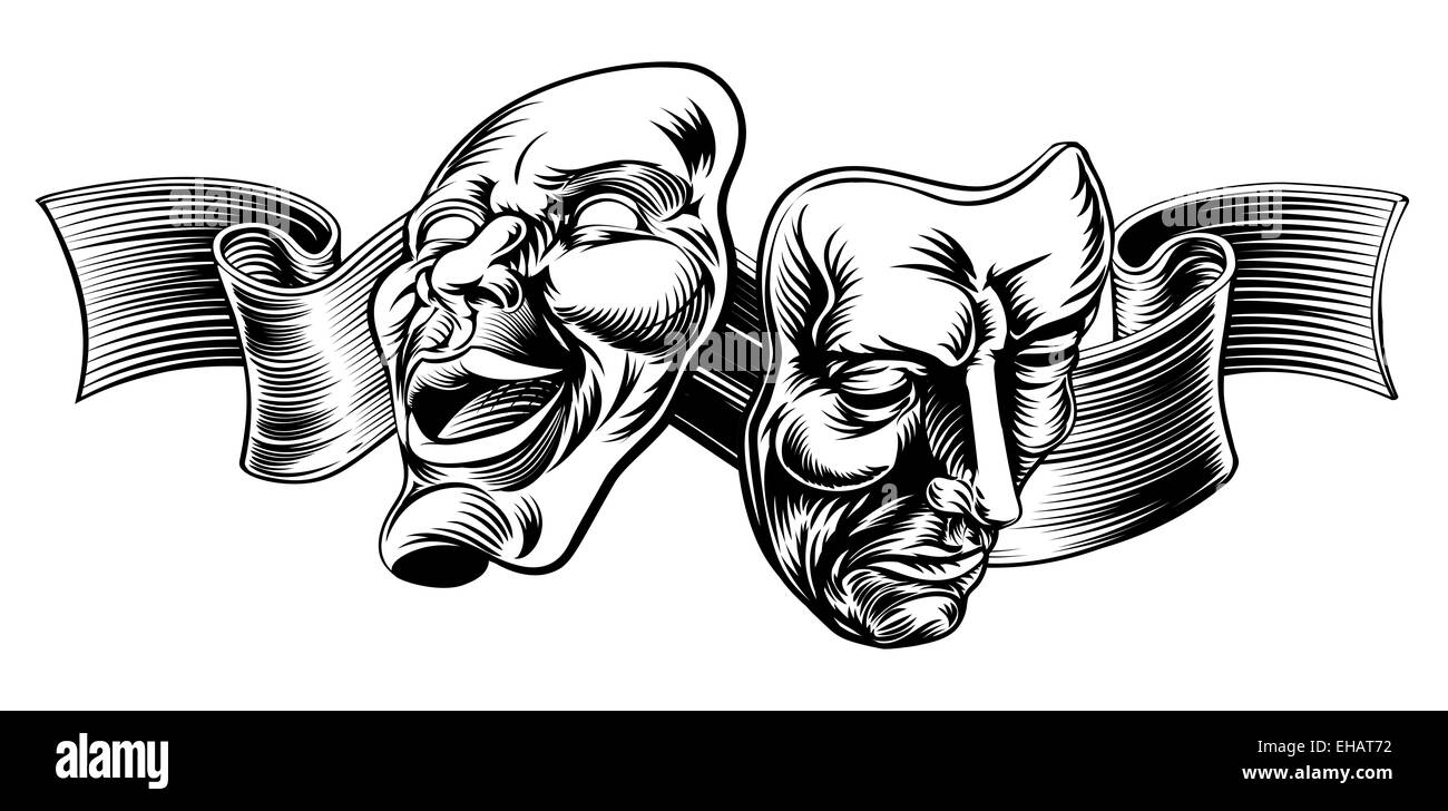 An original illustration of Theatre Masks, comedy and tragedy, in a vintage style with a ribbon or banner Stock Photo