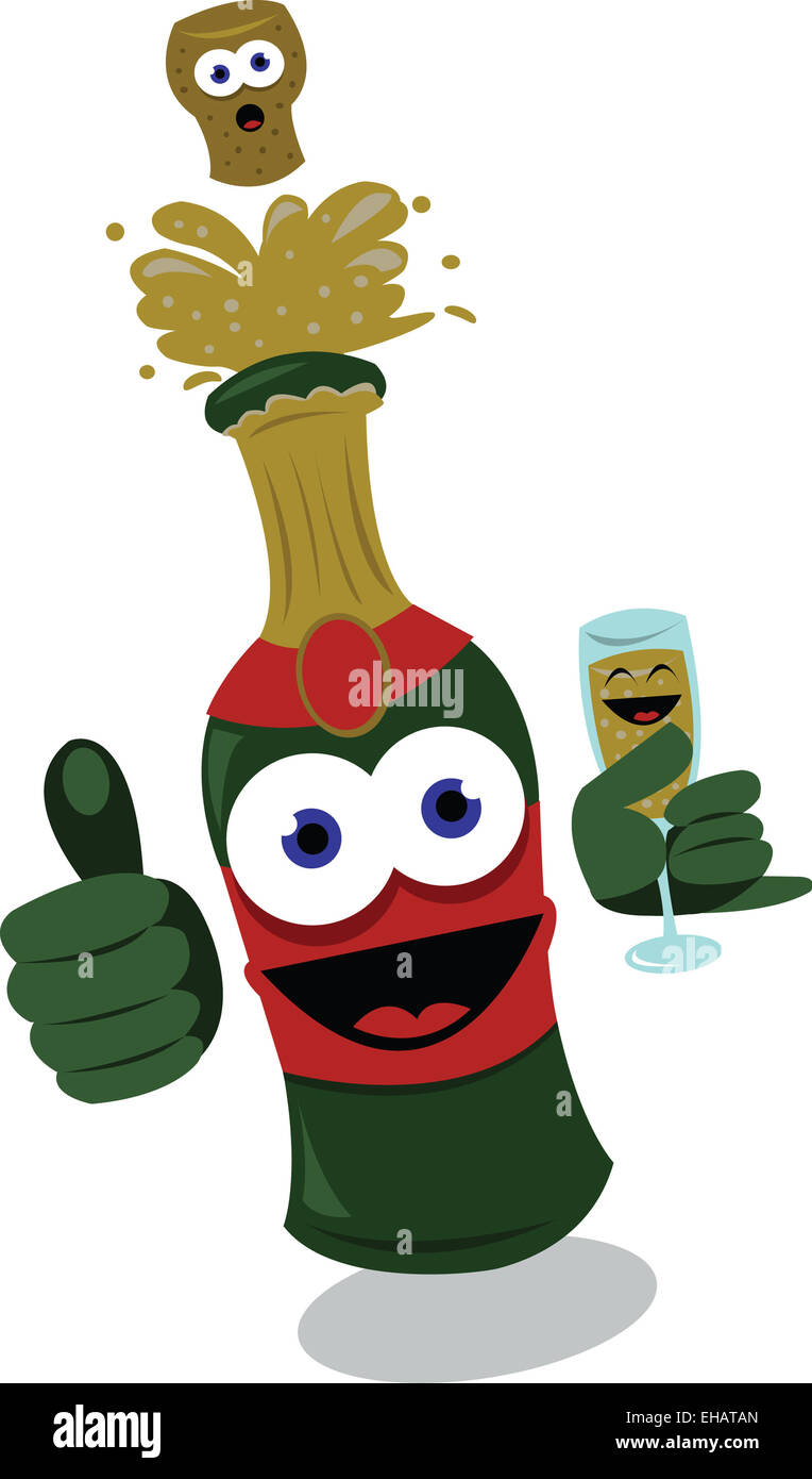 a vector cartoon representing a funny champagne bottle, a glass and a cork jumping Stock Photo