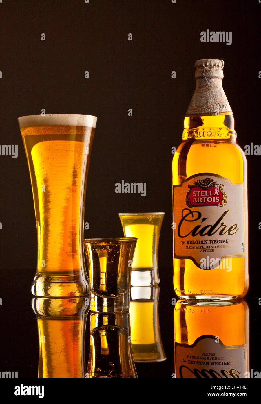 Bottle of Cidre/Cider and Glasses Stock Photo