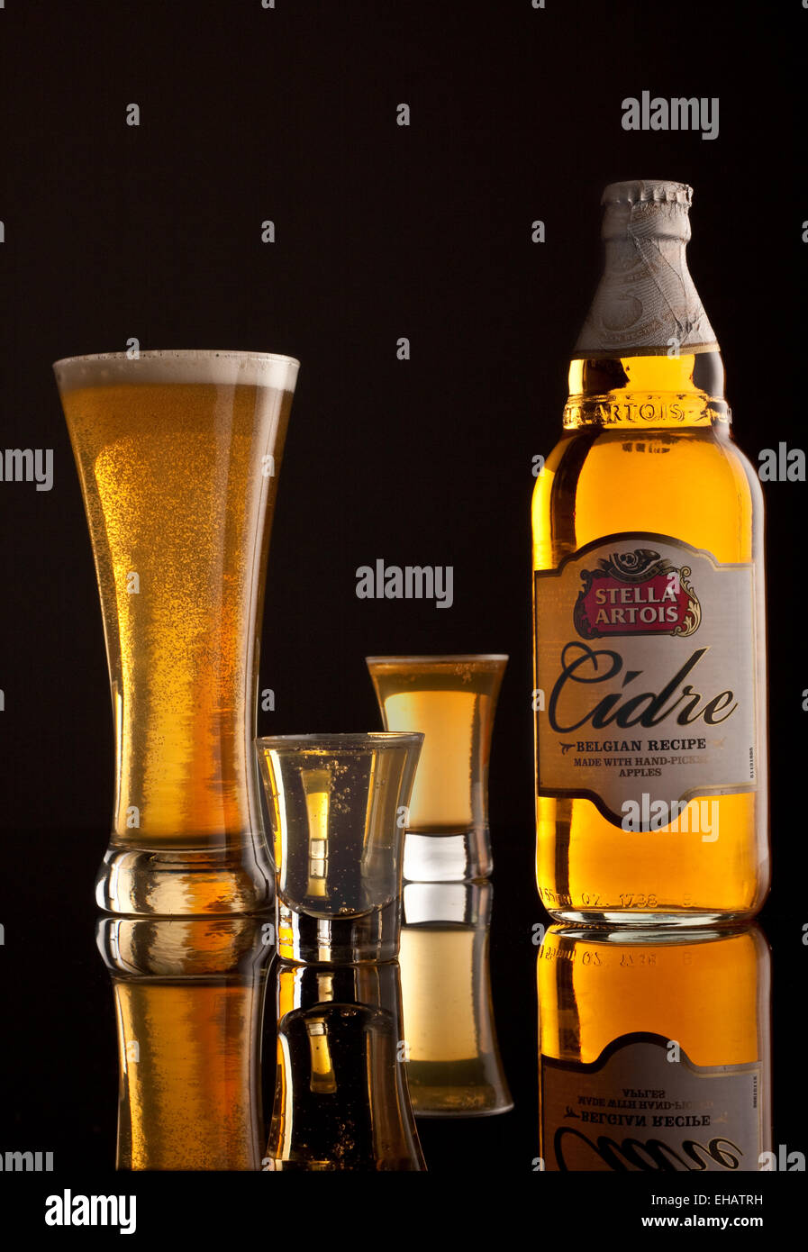 Bottle of Cidre/Cider and Glasses Stock Photo