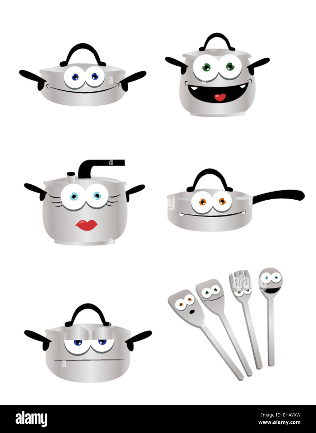 a vector cartoon representing some funny pots and other cooking tools Stock Photo