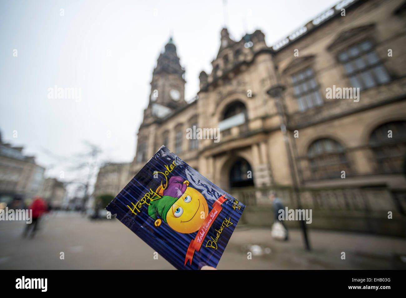 Happy Joker, a Legal High being held in front of Sheffield Town Hall Stock Photo