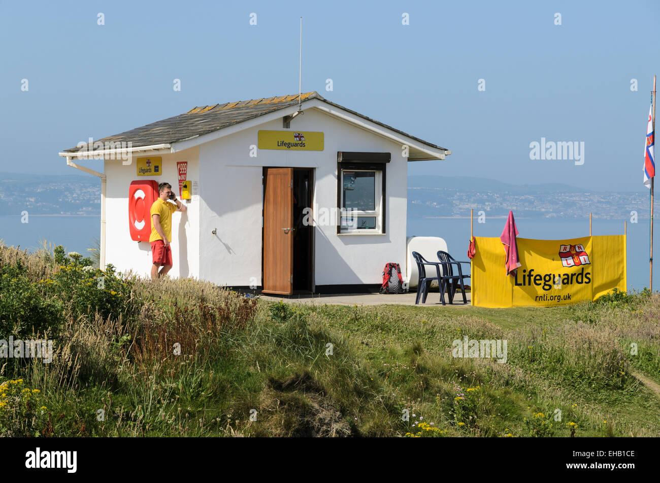 The Lifeguard Station at Gwithian Beach, Cornwall UK is operated by the RNLI (Royal National Lifeboat Institution) Stock Photo