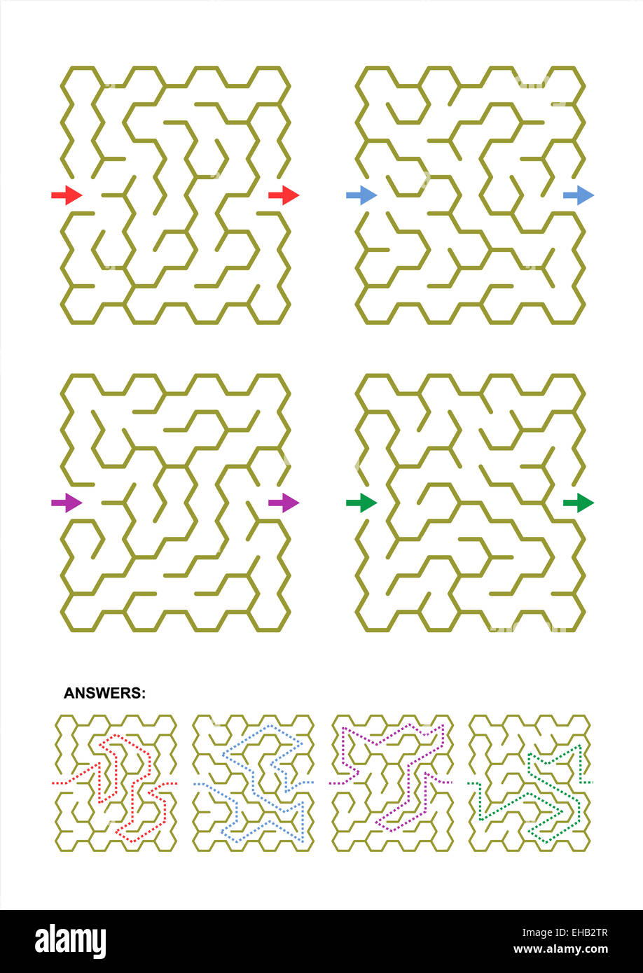 Four different (hexagonally shaped) maze templates suitable for various designs. Answers included. Stock Photo