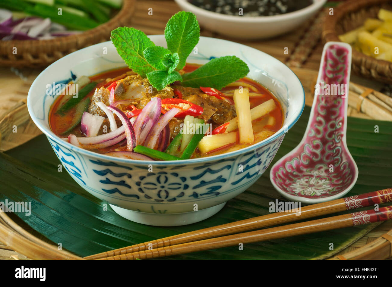 Assam laksa. Spicy noodle soup Malaysia Food Stock Photo