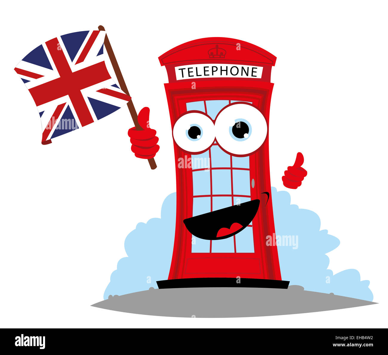 cartoon representing a funny English Telephone, holding an English flag Stock Photo