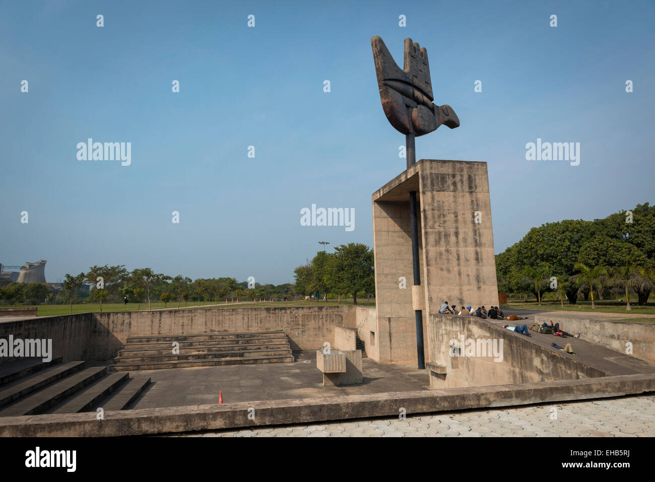 Le Corbusier's open hand symbol near to the Law Courts for the City of Chandigarh, India. Stock Photo