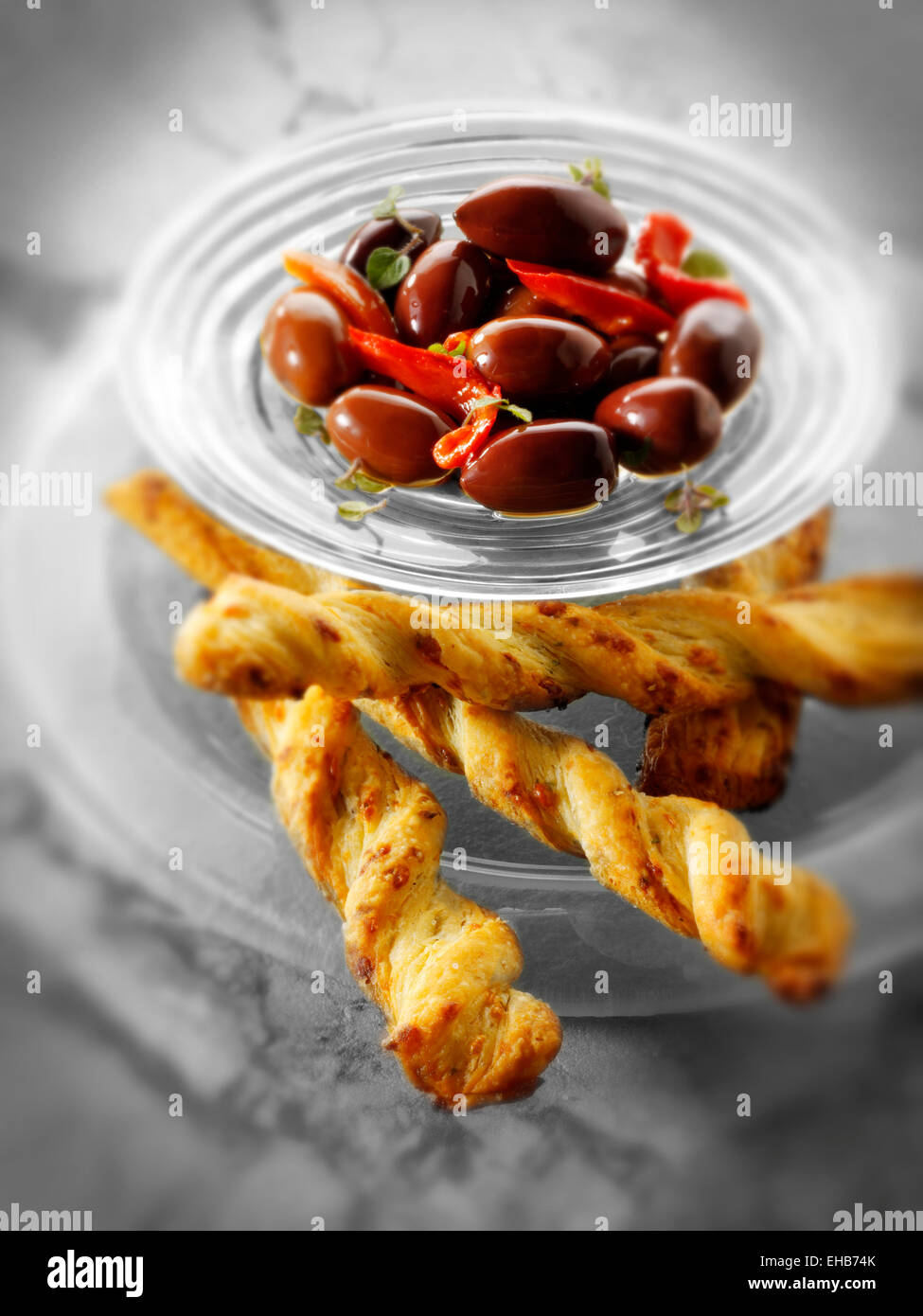 Kalamata olives an bread sticks snack Stock Photo