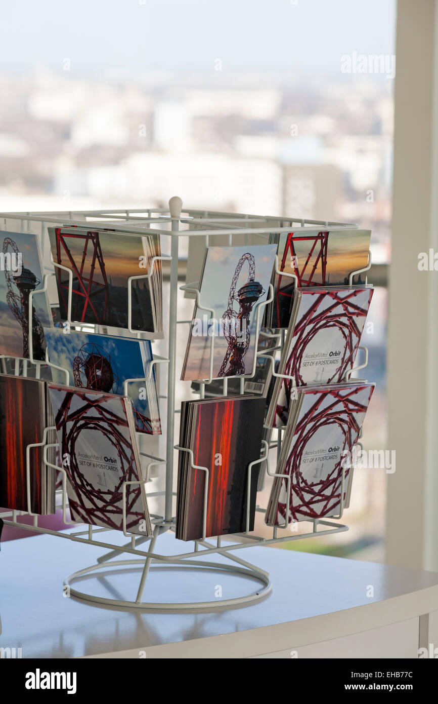 postcards for sale at The Arcelor Mittal Orbit at Queen Elizabeth Olympic Park, Stratford, London in March Stock Photo