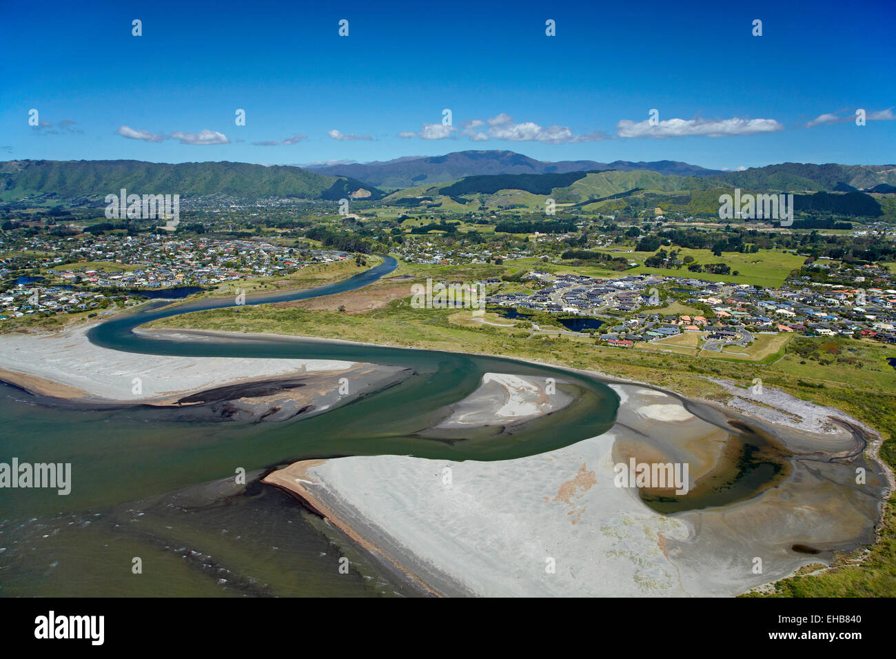 Waikanae River Mouth, Kapiti Coast, Wellington region, North Island, New Zealand - aerial Stock Photo