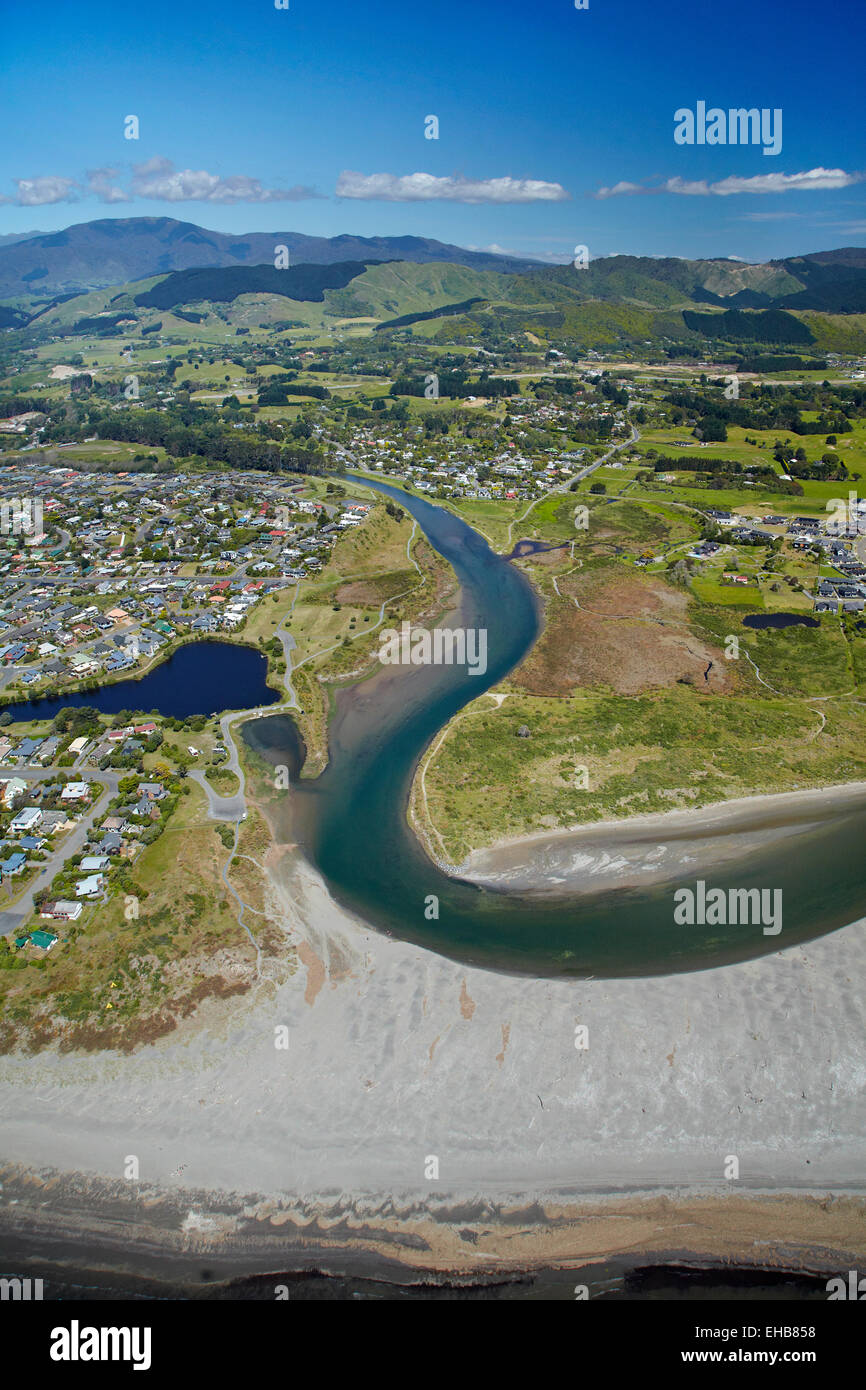 Waikanae River, Kapiti Coast, Wellington region, North Island, New Zealand - aerial Stock Photo