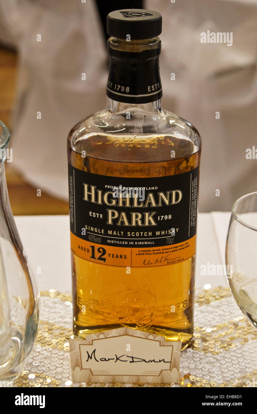 A bottle of 'Highland Park' single malt Scotch whisky, Kirkwall, Orkney Islands, Scotland Stock Photo
