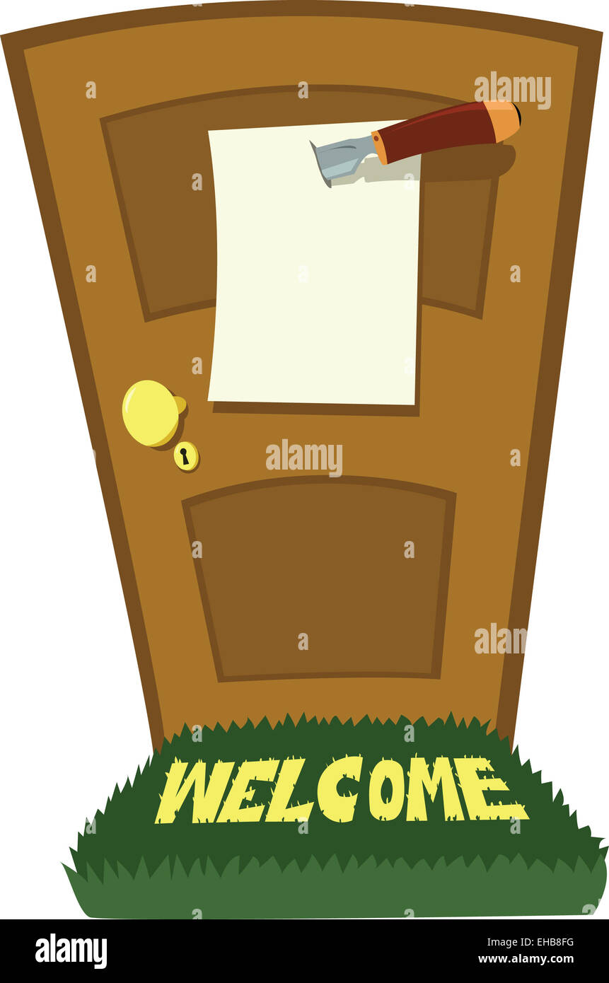 a vector cartoon representing a closed door with a message, holden by a knife Stock Photo