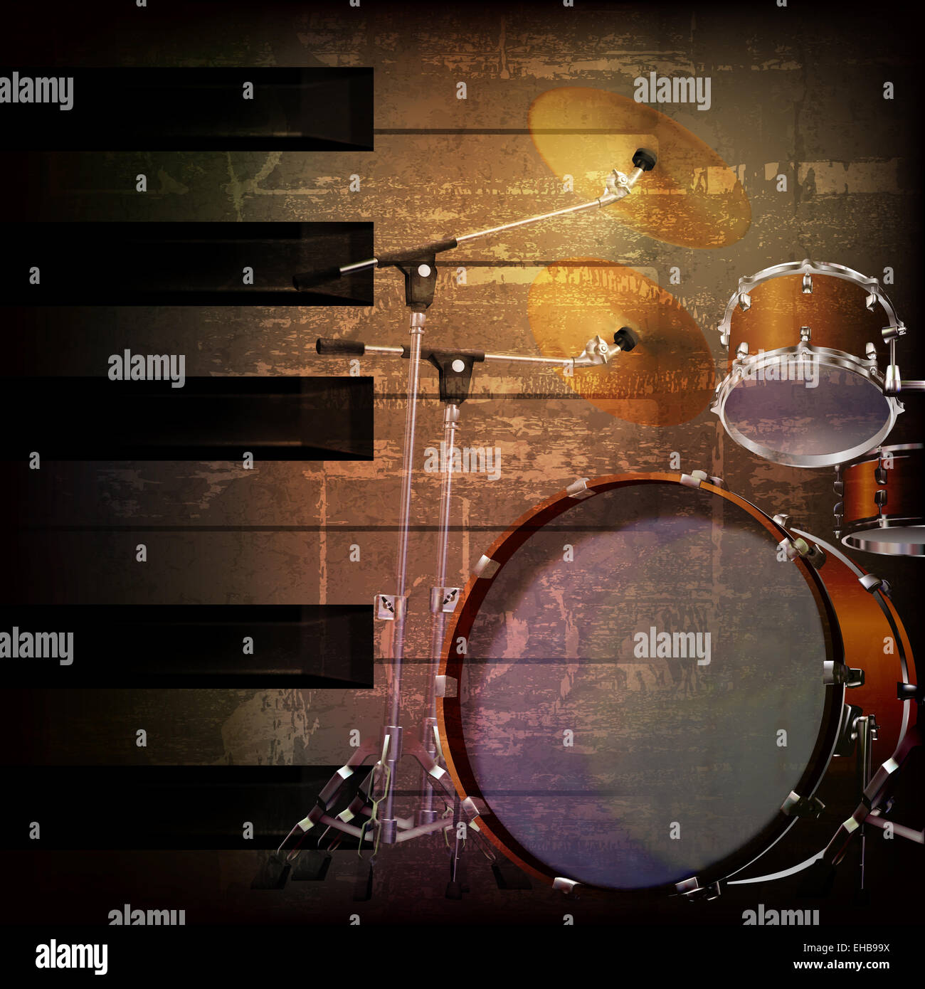 abstract brown grunge music background with drum kit Stock Photo
