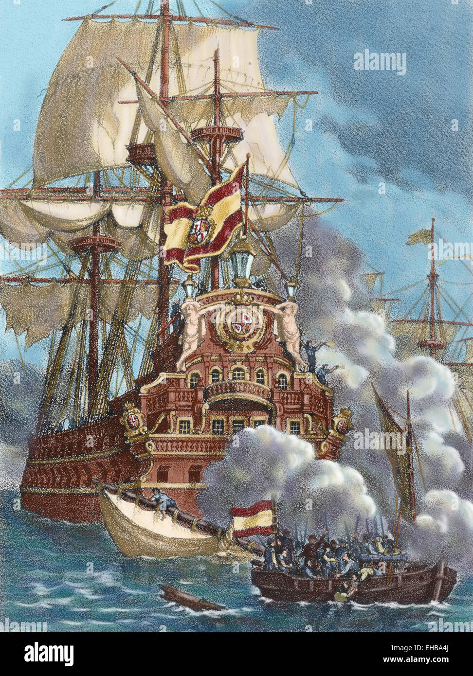 The Brethren or Brethren of the Coast attacking three Spanish galleons. They were a coalition of pirates and privateers known as buccaneers and active in the17th and 18th centuries in the Atlantic Ocean, Caribbean Sea and Gulf of Mexico. Engraving in 'Historia de España', 19th century. Colored. Stock Photo