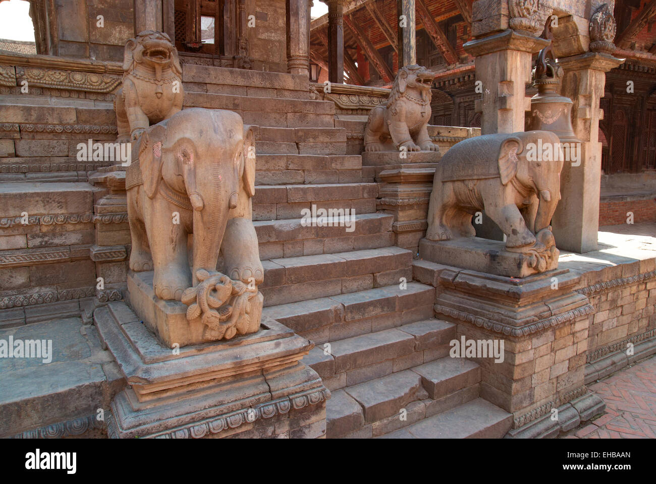 Old buddhistic statues on Bhaktapur Square. Kathmandu, Nepal Stock Photo