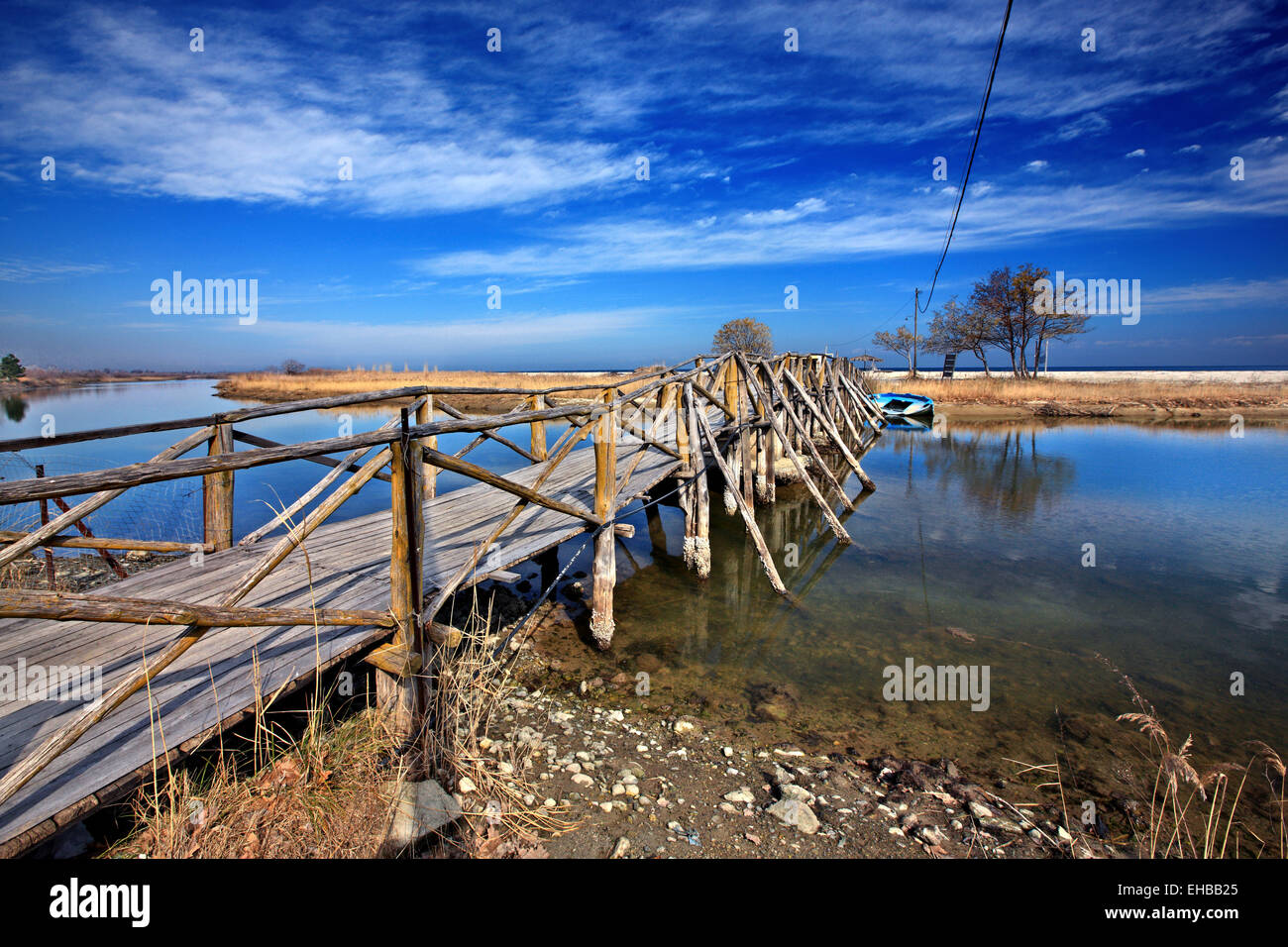 Wooden bridge at the Delta of Pineios river, Stomio village, Larissa, Thessaly, Greece. Stock Photo