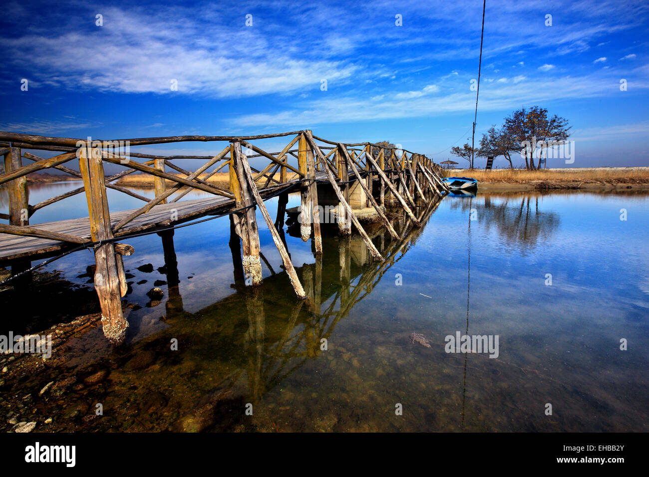 Wooden bridge at the Delta of Pineios river, Stomio village, Larissa, Thessaly, Greece. Stock Photo