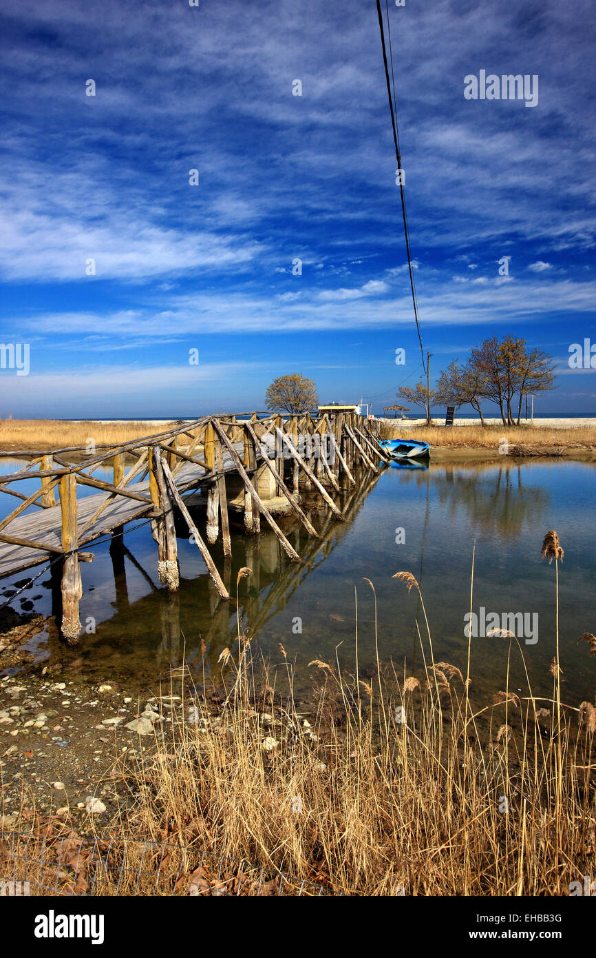 Wooden bridge at the Delta of Pineios river, Stomio village, Larissa, Thessaly, Greece. Stock Photo