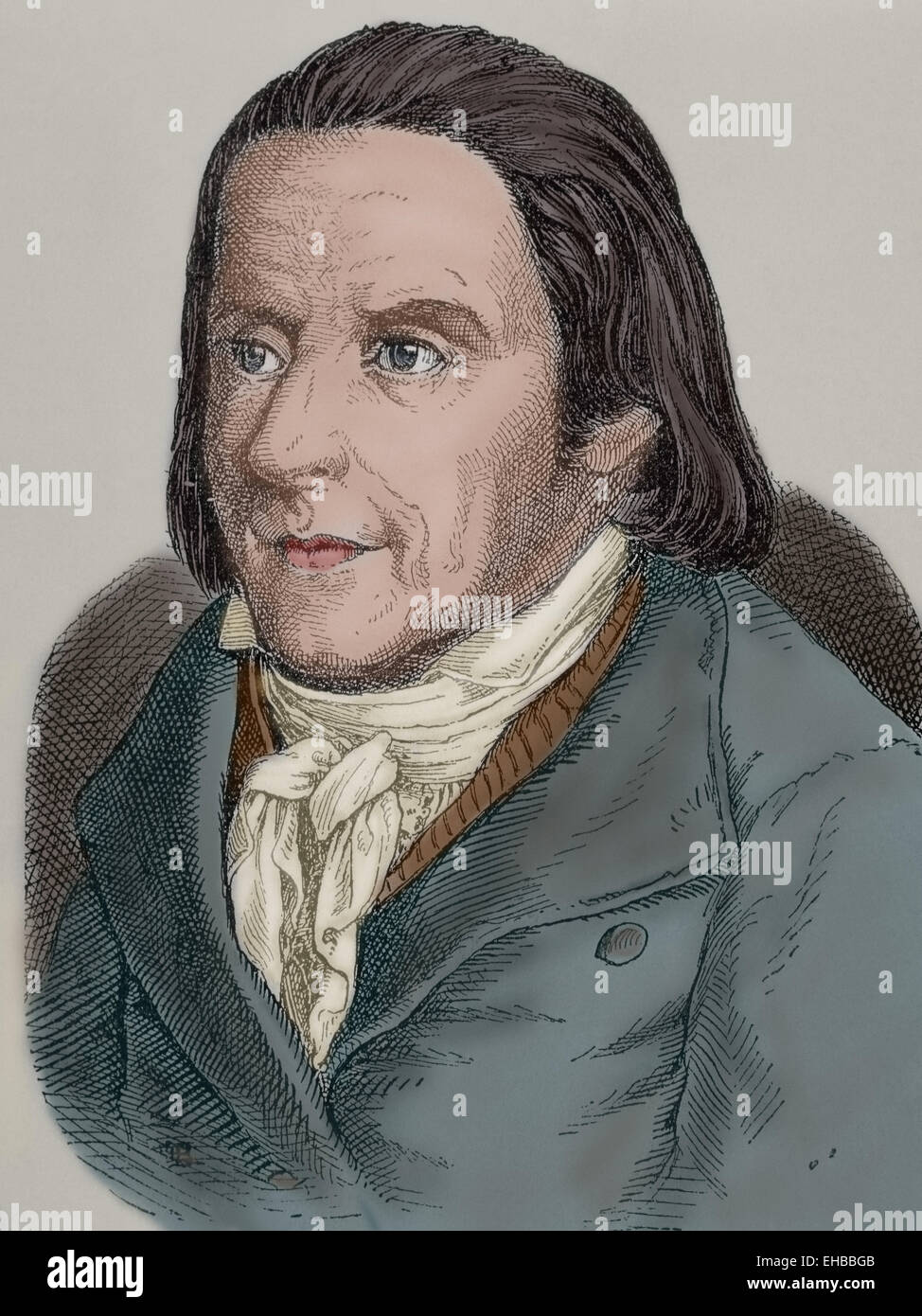 Johann Heinrich Pestalozzi (1746-1827). Swiss pedagogue and educational reformer. Portrait. Engraving. Colored. Stock Photo