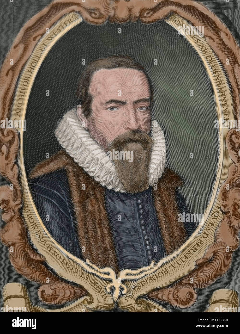 Johan van Oldenbarnevelt (1547–1619), Lord of Berkel en Rodenrijs (1600), Gunterstein (1611) and Bakkum (1613). Dutch statesman who played an important role in the Dutch struggle for independence from Spain. Portrait. Engraving. Colored. Stock Photo
