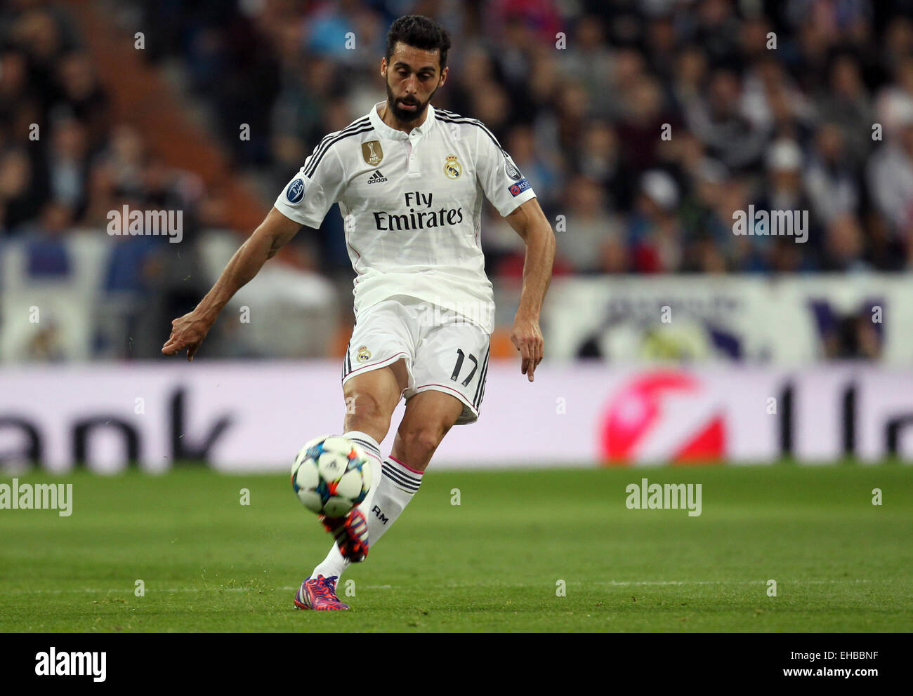 Madrid, Spain. 10th Mar, 2015. Real Madrid's Alvaro Arbeloa kicks a ball during the UEFA Champions League Round of 16 second leg soccer match at Santiago Bernabeu Stadium in Madrid, Spain, 10 March 2015. Photo: Ina Fassbender/dpa/Alamy Live News Stock Photo