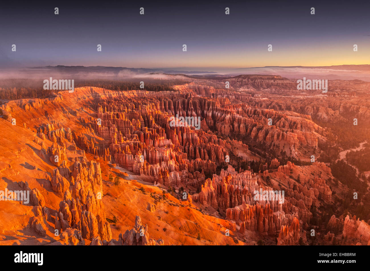 Sunrise over Bryce amphitheatre sandstone hoodoos from Inspiration point Bryce Canyon National Park Utah USA Stock Photo