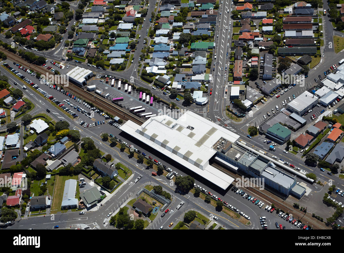 Waterloo Interchange (Hutt Central) Railway Station, Lower Hutt, Wellington, North Island, New Zealand - aerial Stock Photo