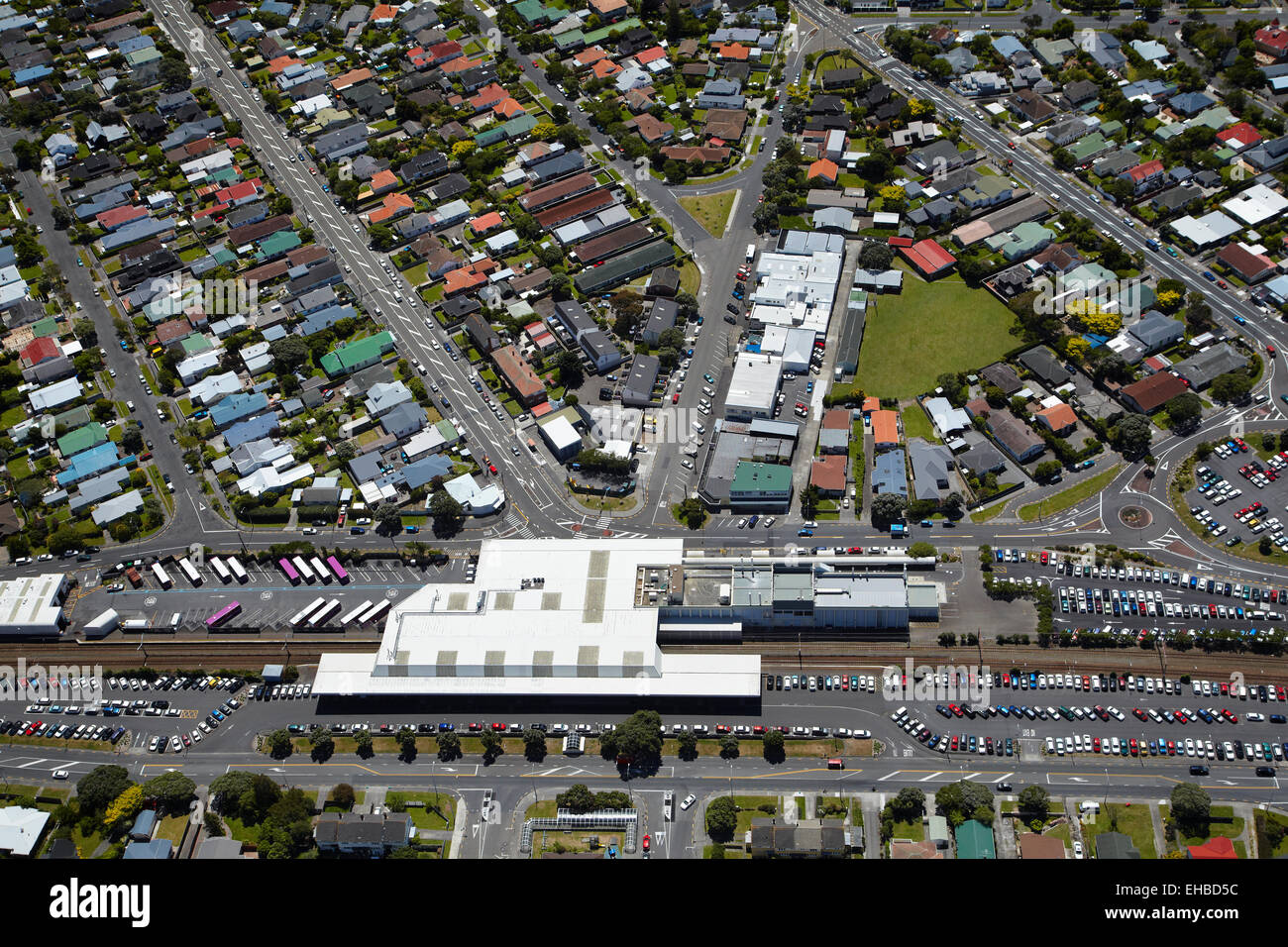 Waterloo Interchange (Hutt Central) Railway Station, Lower Hutt, Wellington, North Island, New Zealand - aerial Stock Photo