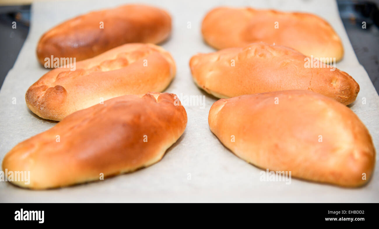 the Golden patties on a parchment paper Stock Photo
