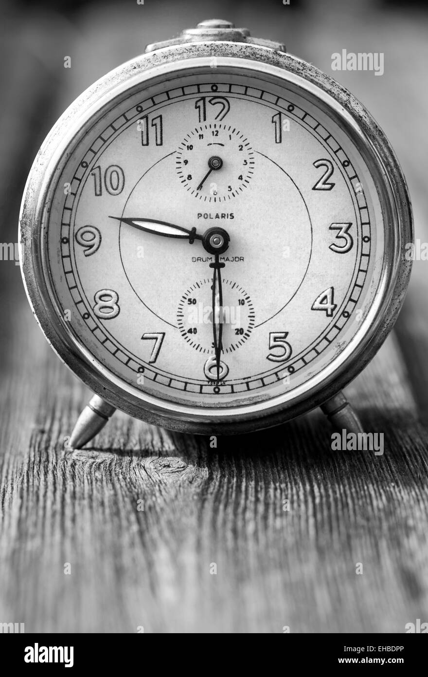Black and White Photograph of a Vintage Alarm Clock Stock Photo