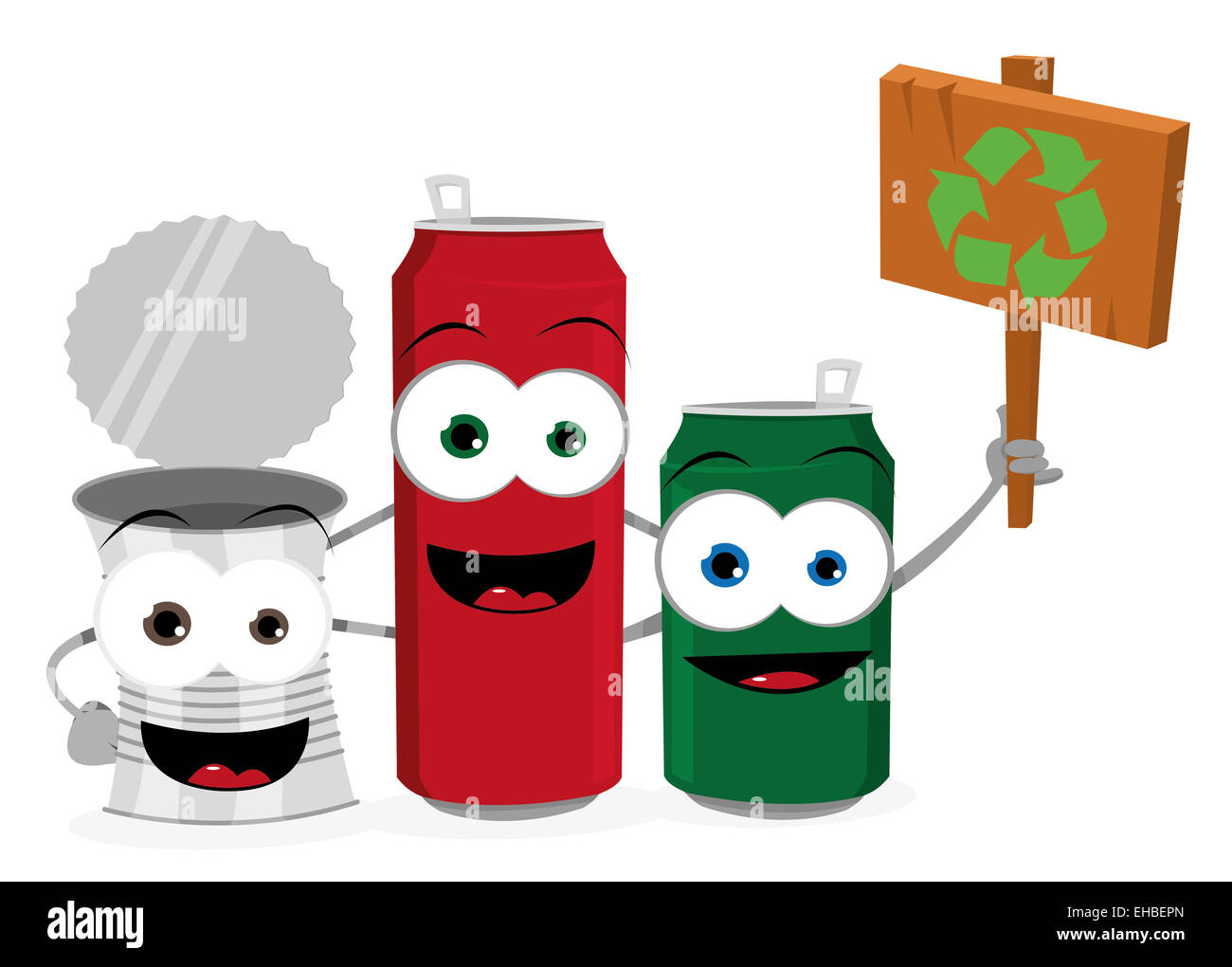 a vector cartoon representing three funny empty cans holding a wooden sign with a reclycling logo Stock Photo