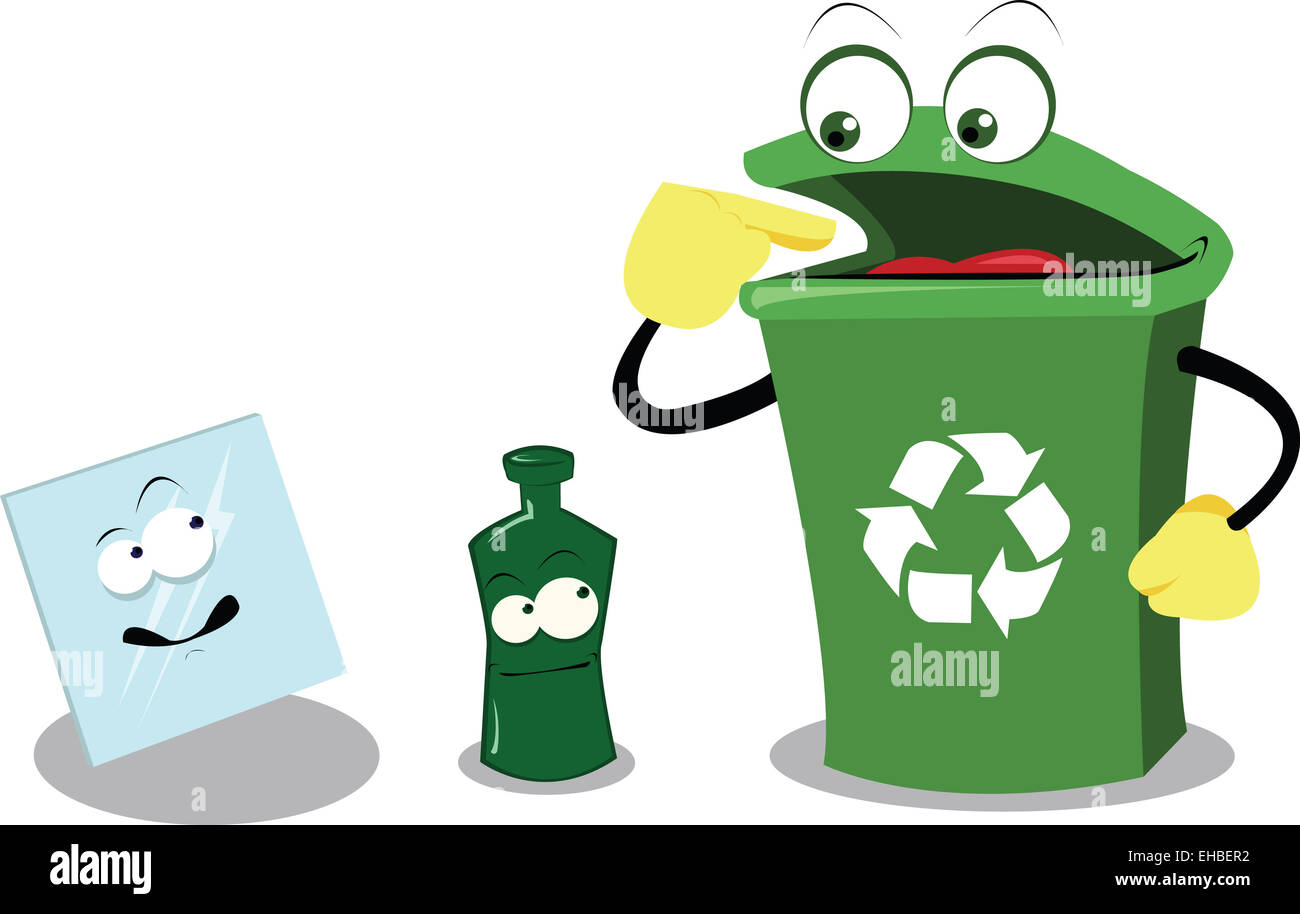 a vector cartoon representing a funny recycling bin and glass Stock Photo