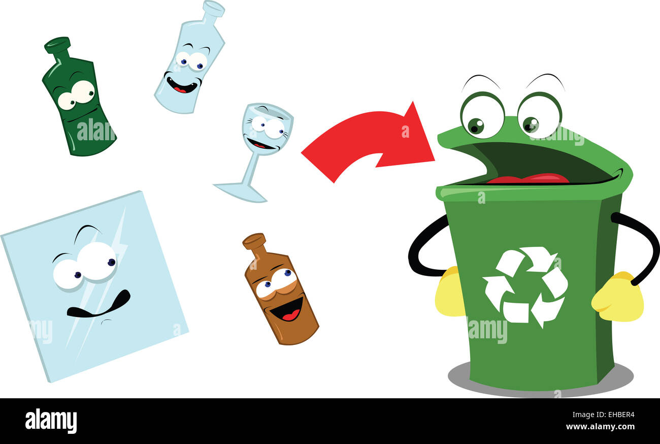 A vector cartoon representing a funny recycling bin and some glass objects Stock Photo Alamy