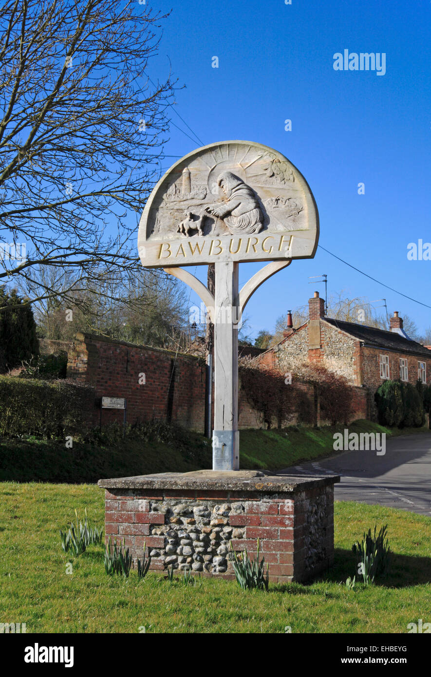 A view of the village sign of Bawburgh, Norfolk, England, United Kingdom. Stock Photo