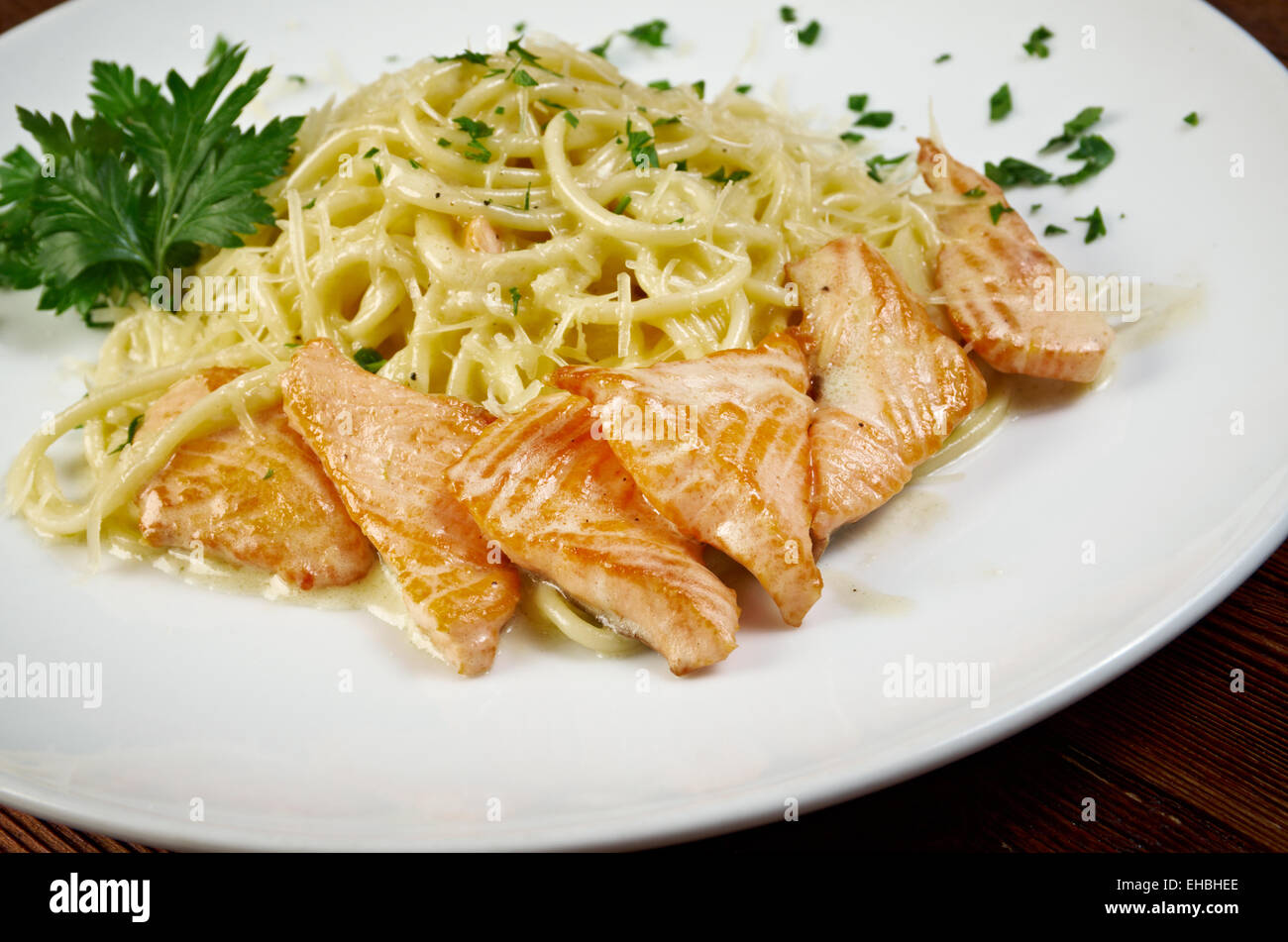 fettuccini pasta with salmon Stock Photo Alamy