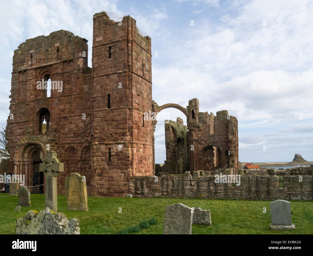 Ruins Lindisfarne Priory Monastery founded by Irish monk Saint Aidan 634 Holy Island Northumberland England UK Stock Photo