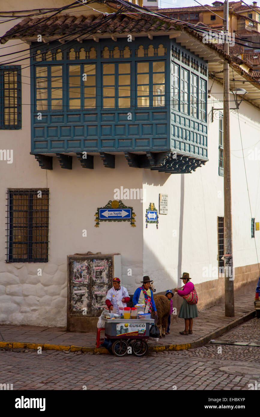 Wood Balcony, Cusco, Urubamba Province, Peru Stock Photo