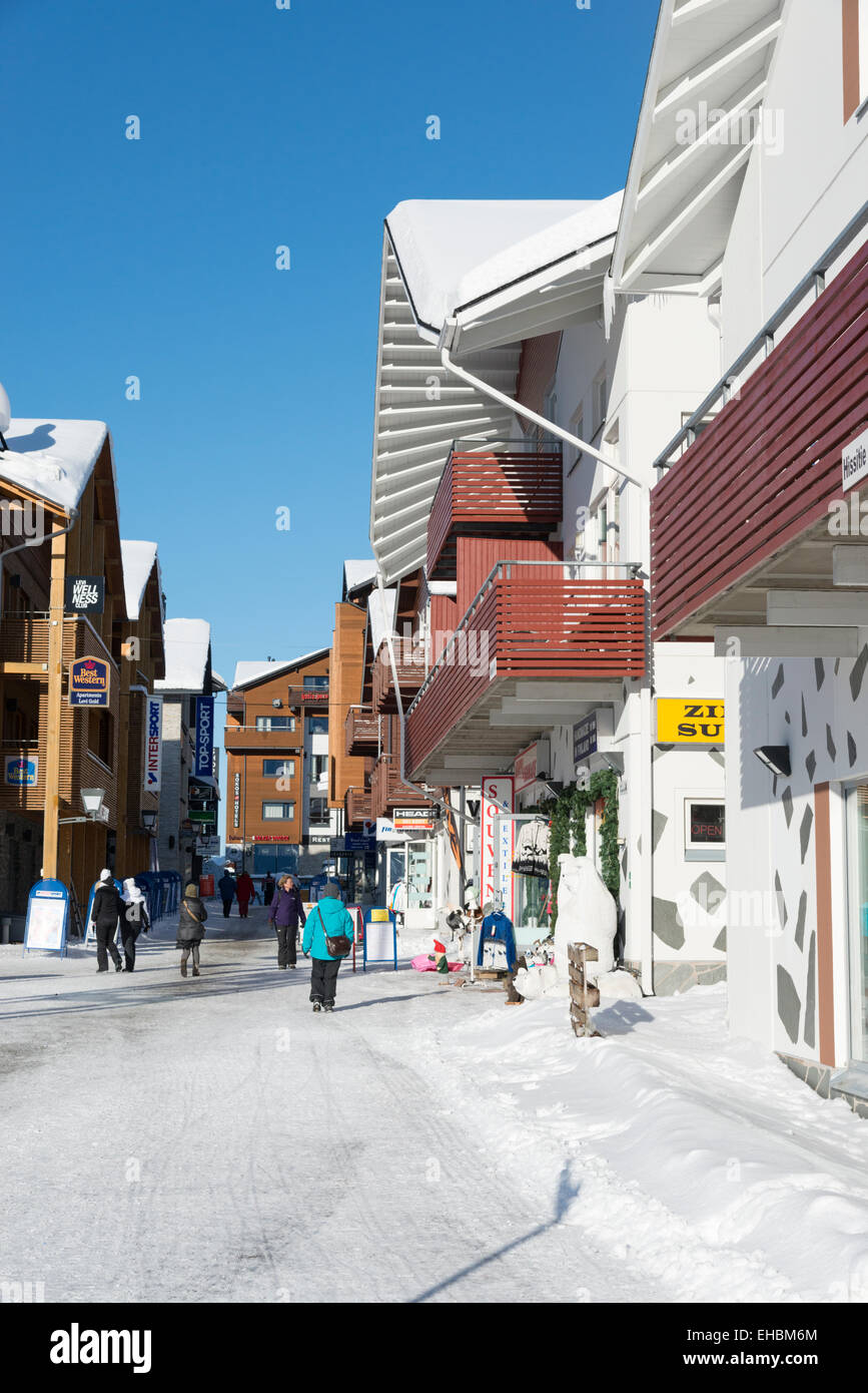 A street with houses and shops in the ski resort of Levi Lapland